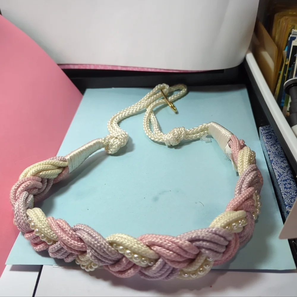 Vtg 80s Macramé Braided Belt Sz M/L Cream Lilac Pink Faux Pearls Romantic Boho
